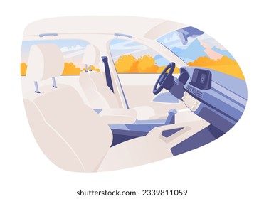 Light interior of automobile, automobiles inside. Empty car interior, modern design. Elements of the interior - passenger seats, steering wheel. Traveling and riding in a car. Cabin, driver's view