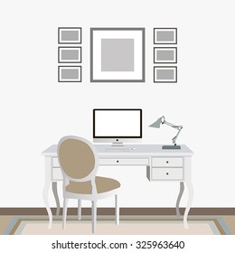 Light interior with computer, vintage chair and table and pictures on the wall. Flat design.