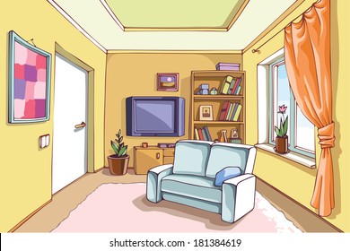 The light interior of a living room in a bright sunny day. The vector EPS v.10 is layered.