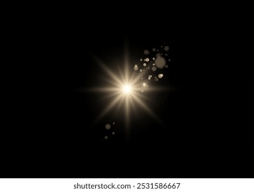 Estrela de ouro isolada clara. Sol claro dourado. Luz flash ouro png. Ilustrador vetorial no plano de fundo preto. 