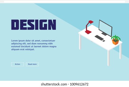 Light isometric freelancer workplace poster with desktop computer lamp plant in flowerpot on table isolated vector illustration