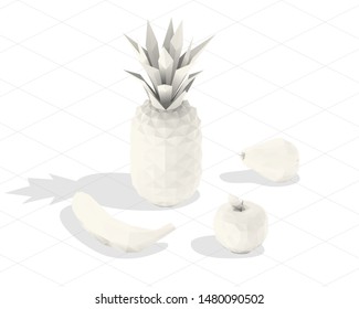 Light Isometric Fruit. Set of Isolated White Fruits on White Background. Low Poly Vector 3D Rendering