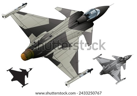 Light Jet fighter with canards and delta wings, SAAB Gripen (Modern geometric camouflage, monochrome, black silhouette color set)