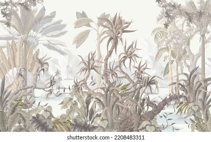 Light jungle landscape with tropical trees and plants. Vector