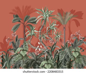 Light jungle landscape with tropical trees and plants. Vector