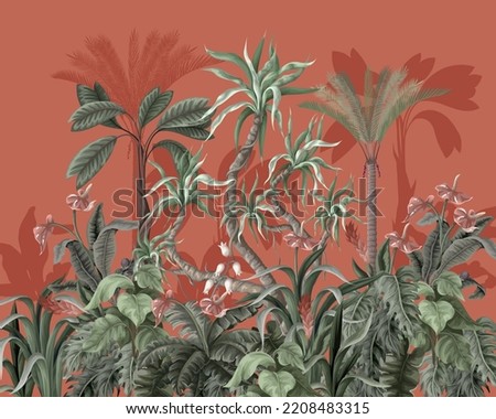 Light jungle landscape with tropical trees and plants. Vector