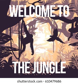 Light jungle party poster with monkeys on trees and flying parrot in rainforest vector illustration