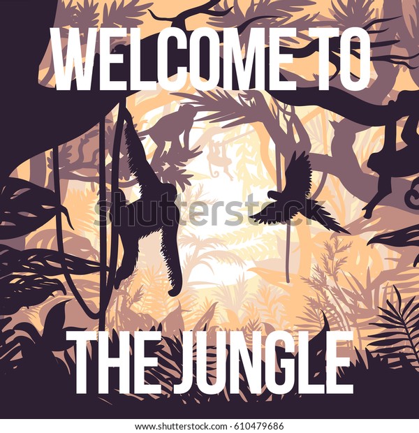 Light jungle party poster with monkeys on trees and flying parrot in rainforest vector illustration