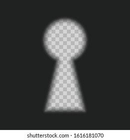 Light keyhole isolated on a transparent background. Glow Keyhole on dark wall with light. Door key holes icon. The concept of spying or surveillance. Vector illustration in realistic style. EPS 10.