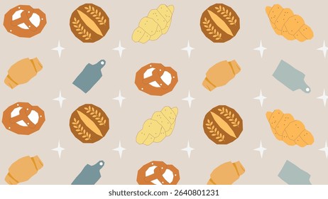 Light kitchen-themed design with pretzels, bread, cutting boards, and croissants on a warm neutral background with sparkle accents.