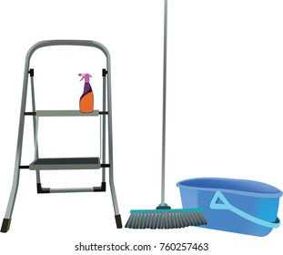light ladder broom and cleaning tray
