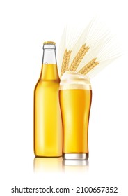 Light lager beer in a bottle and in a glass with spikelets of wheat, an advertisement for an alcoholic drink. On white background.