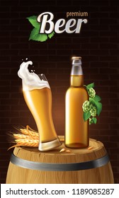 light lager beer in glass cup and glass bottle on wood barrel with wheat, refreshing drink with white foam in 3d illustration, splashing beer vector illustration