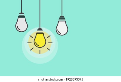 Light lamp bulb on green background. Creative idea and inspiration concept. Vector banner template.