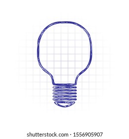 Light lamp icon. Hand drawn sketched picture with scribble fill. Blue ink. Doodle on white background