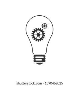 Light lamp icon isolated. Bulb with gears and cogs working together symbol. Idea concept. Flat design. Vector Illustration