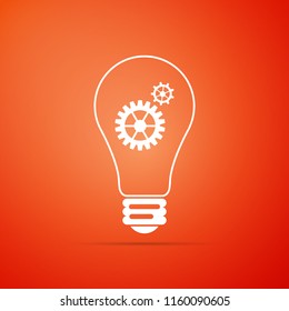 Light lamp icon isolated on orange background. Bulb with gears and cogs working together symbol. Idea concept. Flat design. Vector Illustration