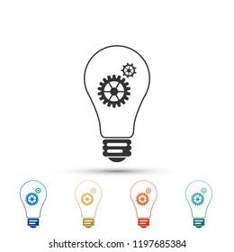 Light lamp icon isolated on white background. Bulb with gears and cogs working together symbol. Idea concept. Set elements in colored icons. Flat design. Vector Illustration