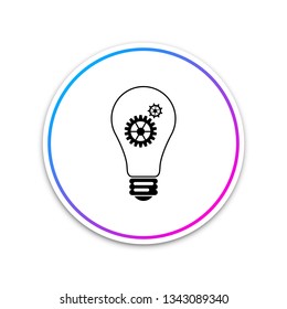 Light lamp icon isolated on white background. Bulb with gears and cogs working together symbol. Idea concept. Circle white button. Vector Illustration