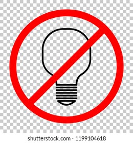 Light lamp icon. Not allowed, black object in red warning sign with transparent background