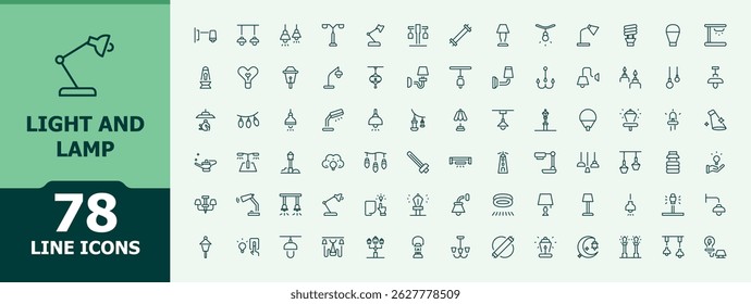 Light And Lamp icon set. Featuring energy, lightbulb, light, illumination and more. Illumination icon set. Minimal thin line web icons set. Pixel perfect. Editable stroke.
