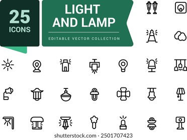 Symbol für Licht und Lampe. Verbunden mit Glühbirne. Pixel perfekt, minimalistische Web-und UI-Symbol. Gliederungssymbolsammlungen. Bearbeitbare Vektorgrafik.