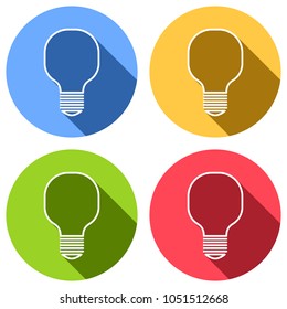 Light lamp icon. Set of white icons with long shadow on blue, orange, green and red colored circles. Sticker style