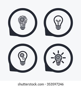 Light lamp icons. Lamp bulb with cogwheel gear symbols. Idea and success sign. Flat icon pointers.