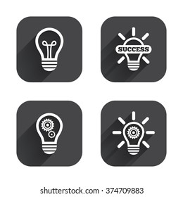 Light lamp icons. Lamp bulb with cogwheel gear symbols. Idea and success sign. Square flat buttons with long shadow.