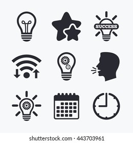 Light lamp icons. Lamp bulb with cogwheel gear symbols. Idea and success sign. Wifi internet, favorite stars, calendar and clock. Talking head. Vector