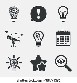 Light lamp icons. Lamp bulb with cogwheel gear symbols. Idea and success sign. Attention, investigate and stars icons. Telescope and calendar signs. Vector