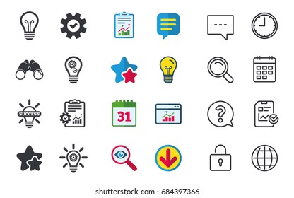 Light lamp icons. Lamp bulb with cogwheel gear symbols. Idea and success sign. Chat, Report and Calendar signs. Stars, Statistics and Download icons. Question, Clock and Globe. Vector