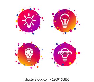 Light lamp icons. Circles lamp bulb symbols. Energy saving. Idea and success sign. Gradient circle buttons with icons. Random dots design. Vector