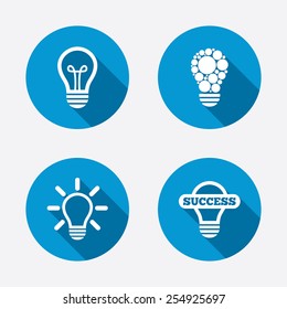 Light lamp icons. Circles lamp bulb symbols. Energy saving. Idea and success sign. Circle concept web buttons. Vector