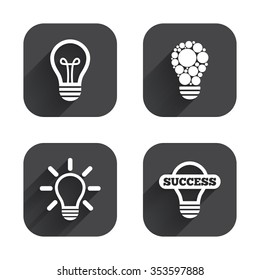 Light lamp icons. Circles lamp bulb symbols. Energy saving. Idea and success sign. Square flat buttons with long shadow.