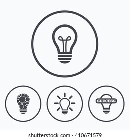 Light lamp icons. Circles lamp bulb symbols. Energy saving. Idea and success sign. Icons in circles.