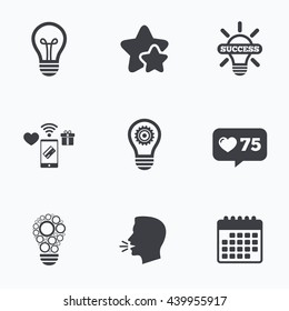 Light lamp icons. Circles lamp bulb symbols. Energy saving with cogwheel gear. Idea and success sign. Flat talking head, calendar icons. Stars, like counter icons. Vector