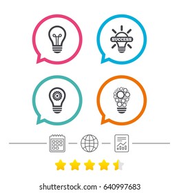 Light lamp icons. Circles lamp bulb symbols. Energy saving with cogwheel gear. Idea and success sign. Calendar, internet globe and report linear icons. Star vote ranking. Vector
