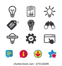 Light lamp icons. Circles lamp bulb symbols. Energy saving. Idea and success sign. Browser window, Report and Service signs. Binoculars, Information and Download icons. Stars and Chat. Vector