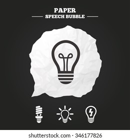 Light lamp icons. Fluorescent lamp bulb symbols. Energy saving. Idea and success sign. Paper speech bubble with icon.