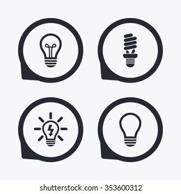 Light lamp icons. Fluorescent lamp bulb symbols. Energy saving. Idea and success sign. Flat icon pointers.