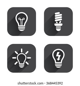 Light lamp icons. Fluorescent lamp bulb symbols. Energy saving. Idea and success sign. Square flat buttons with long shadow.