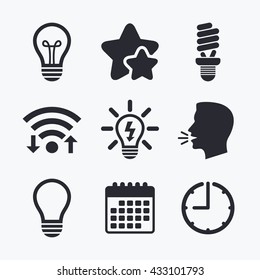 Light lamp icons. Fluorescent lamp bulb symbols. Energy saving. Idea and success sign. Wifi internet, favorite stars, calendar and clock. Talking head. Vector