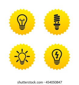 Light lamp icons. Fluorescent lamp bulb symbols. Energy saving. Idea and success sign. Yellow stars labels with flat icons. Vector