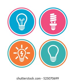 Light lamp icons. Fluorescent lamp bulb symbols. Energy saving. Idea and success sign. Colored circle buttons. Vector