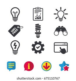 Light lamp icons. Fluorescent lamp bulb symbols. Energy saving. Idea and success sign. Browser window, Report and Service signs. Binoculars, Information and Download icons. Stars and Chat. Vector