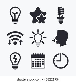 Light lamp icons.Energy saving. Idea and success sign. Wifi internet, favorite stars, calendar and clock. 