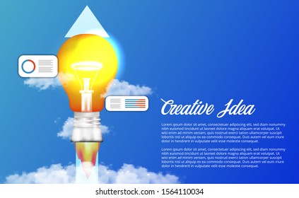 light lamp launch with arrow and stat graph illustration. Grow fast brainstorming creative idea concept.