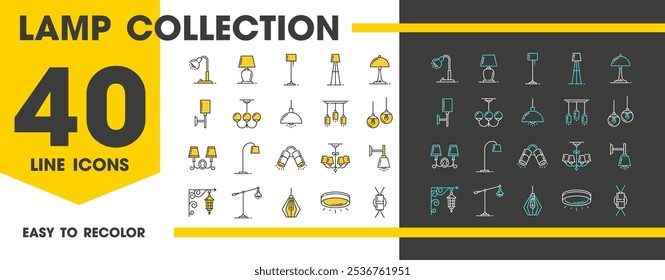 Light lamp line icons. Lantern and chandelier, candle and spotlight, halogen and flashlight. Isolated vector linear illumination appliances set featuring chic and stylish designs for illuminating