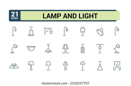 Light And Lamp line web icon set. Includes icons for illuminated, creative, lamp, home, design, electrical, electronics and more. Set of line pictogram. Editable stroke.